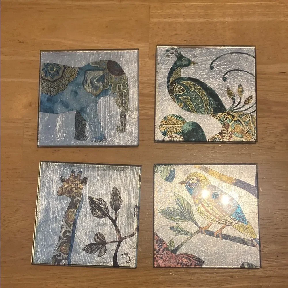 Pier 1 Exotic animals Foil on glass drink coasters. Set of 4
